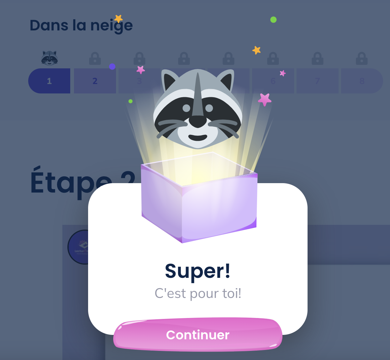 Student has completed a step and earns a racoon emoji.